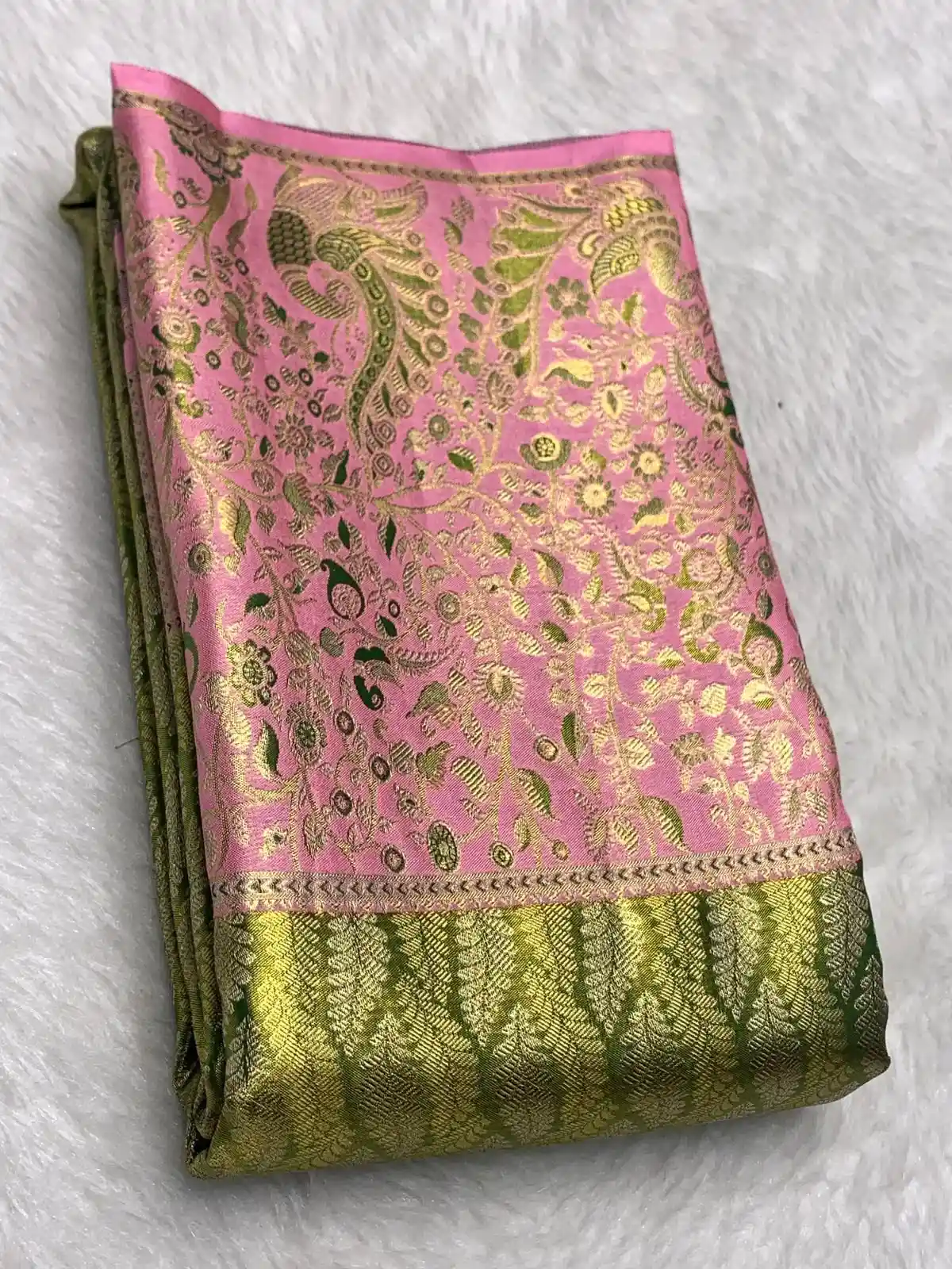 Peach Green Kanchipuram Handloom Bridal Silk Saree